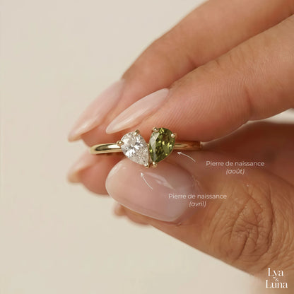 Bague Veria – détail des deux pierres de naissance (août et avril)